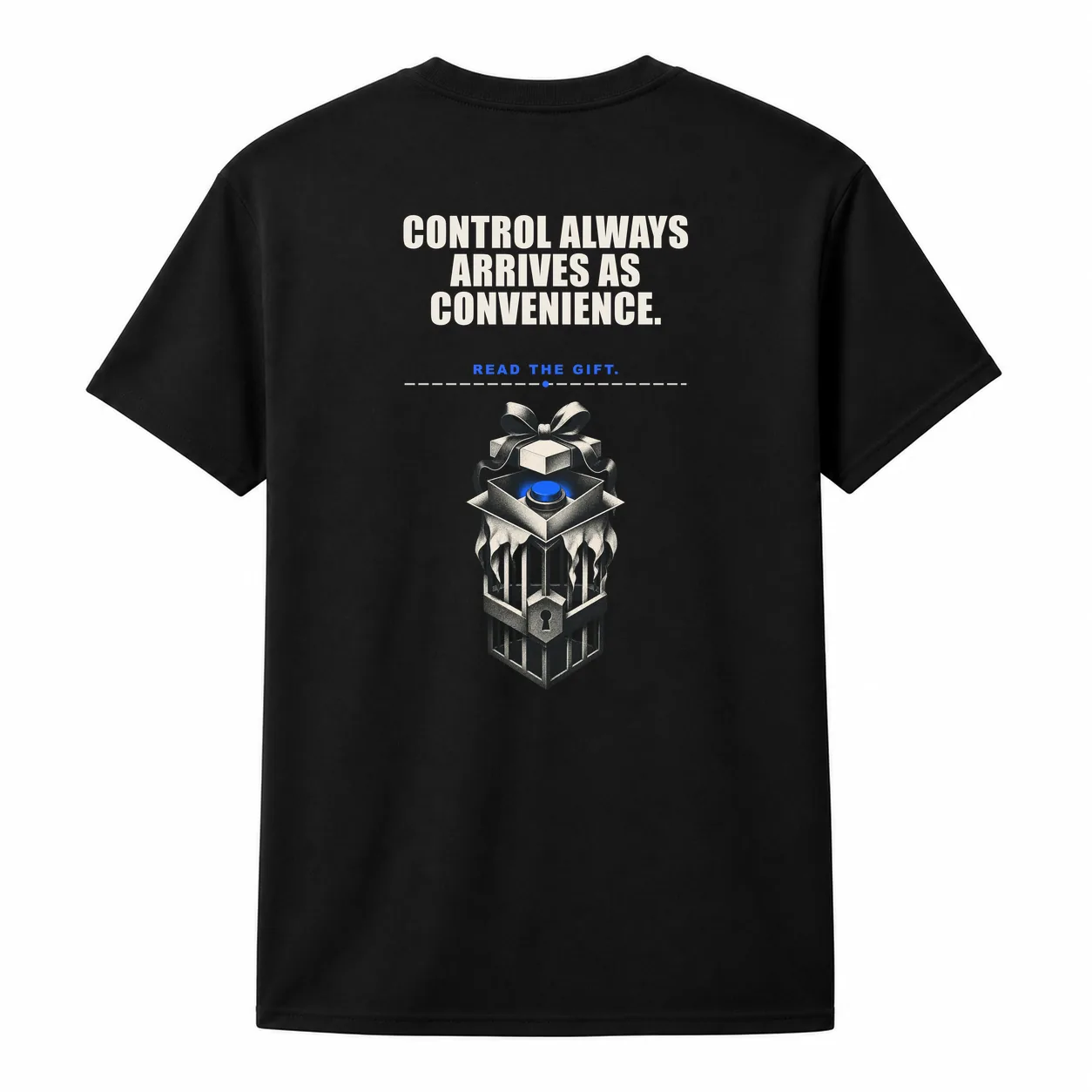 Back view of the black Control Always Arrives as Convenience Graphic Tee