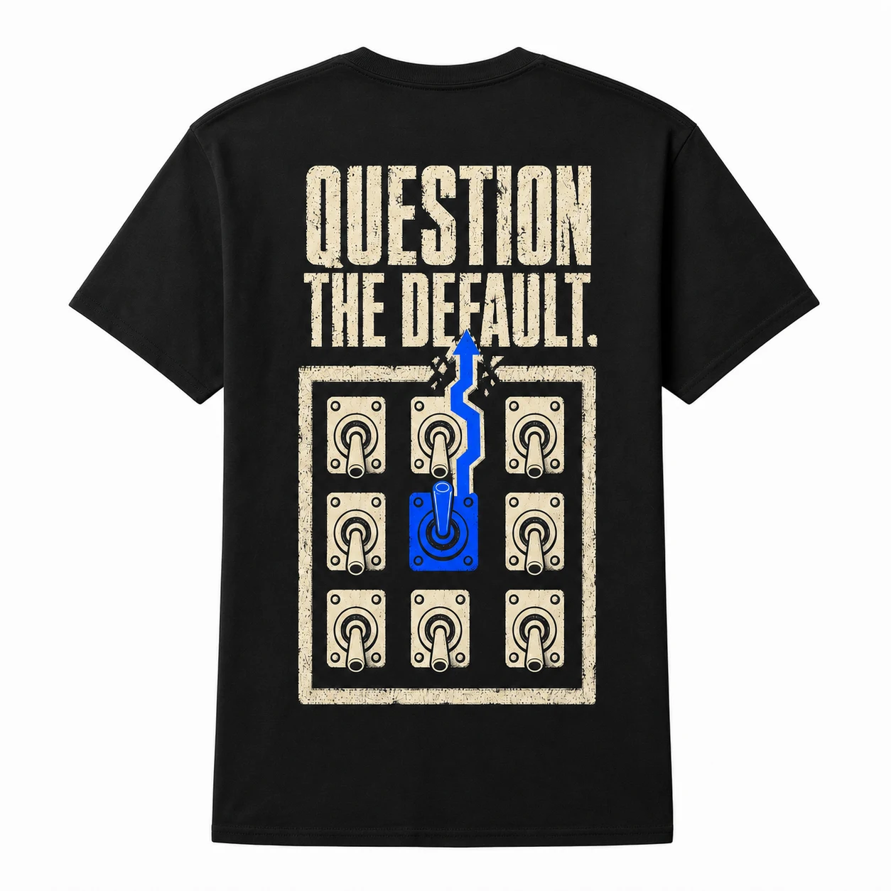 Back view of the black Question the Default Graphic Tee