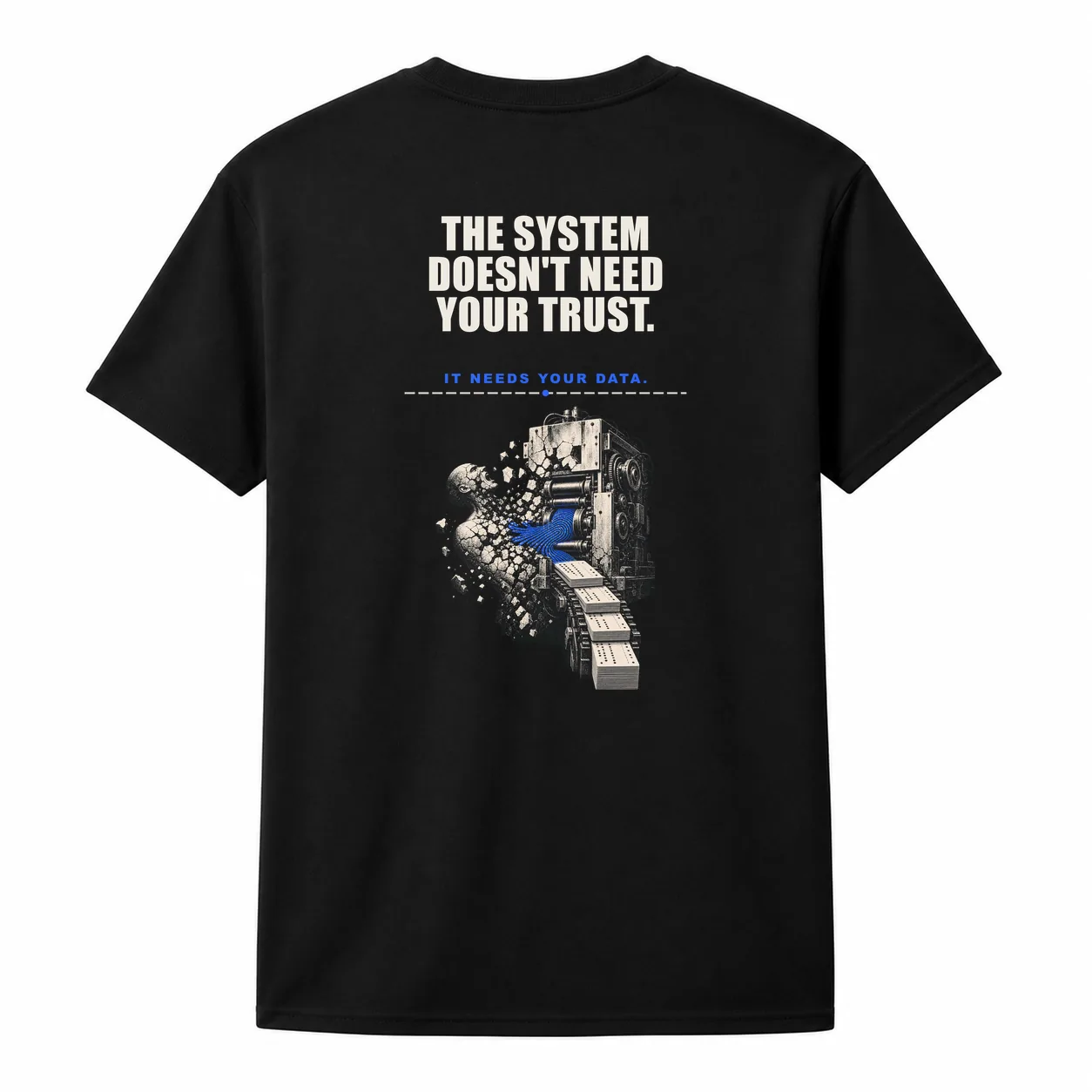 Back view of the black The System Needs Your Data Graphic Tee